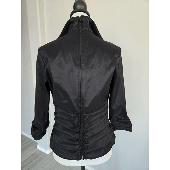 Tadashi Soji Stretch Taffeta Rouched Evening Cocktail Black Brooch Blouse Sz 8 - Picture 3 of 13